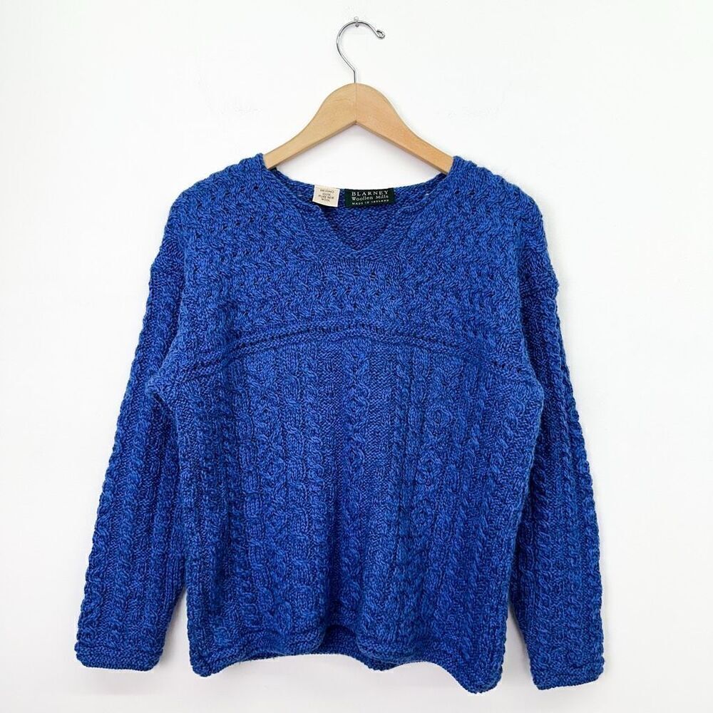 Blarney Woolen Mills Women’s Marled Blue Notched Collar Chunky Knit Sweater